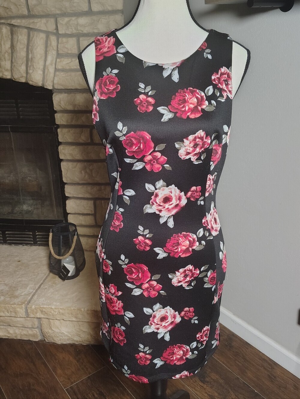 Forever 21 Black Midi Dress with Pink And Red Floral Print Medium